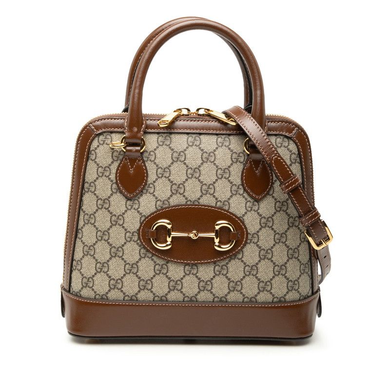 Gucci GG Supreme Horsebit 2-Way Shoulder Bag Beige Brown Leather