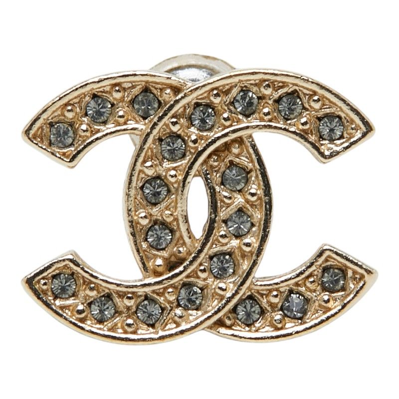 Chanel CC Logo Stud Earrings Single Gold Rhinestone Plated