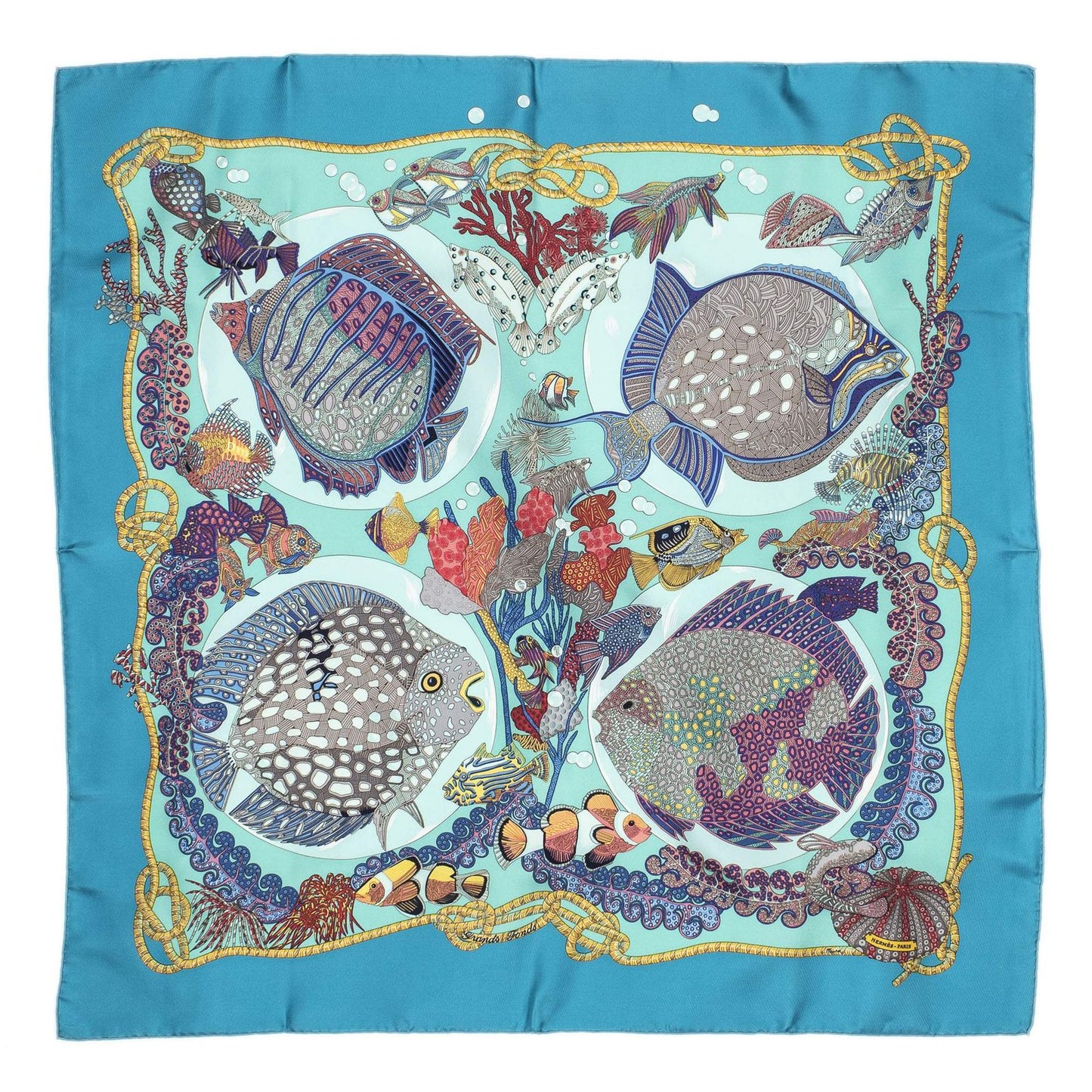 Hermes Scarf Teal Gold Pink Silk — view 2