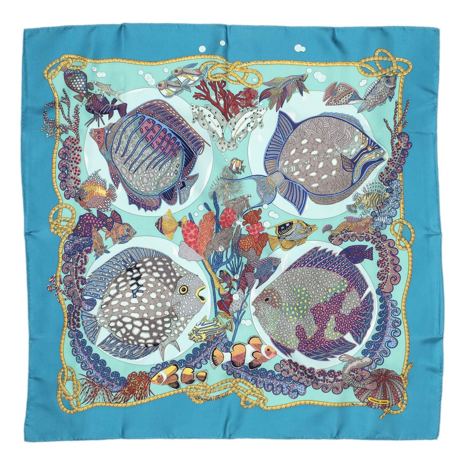 Hermes Scarf Teal Gold Pink Silk — view 2