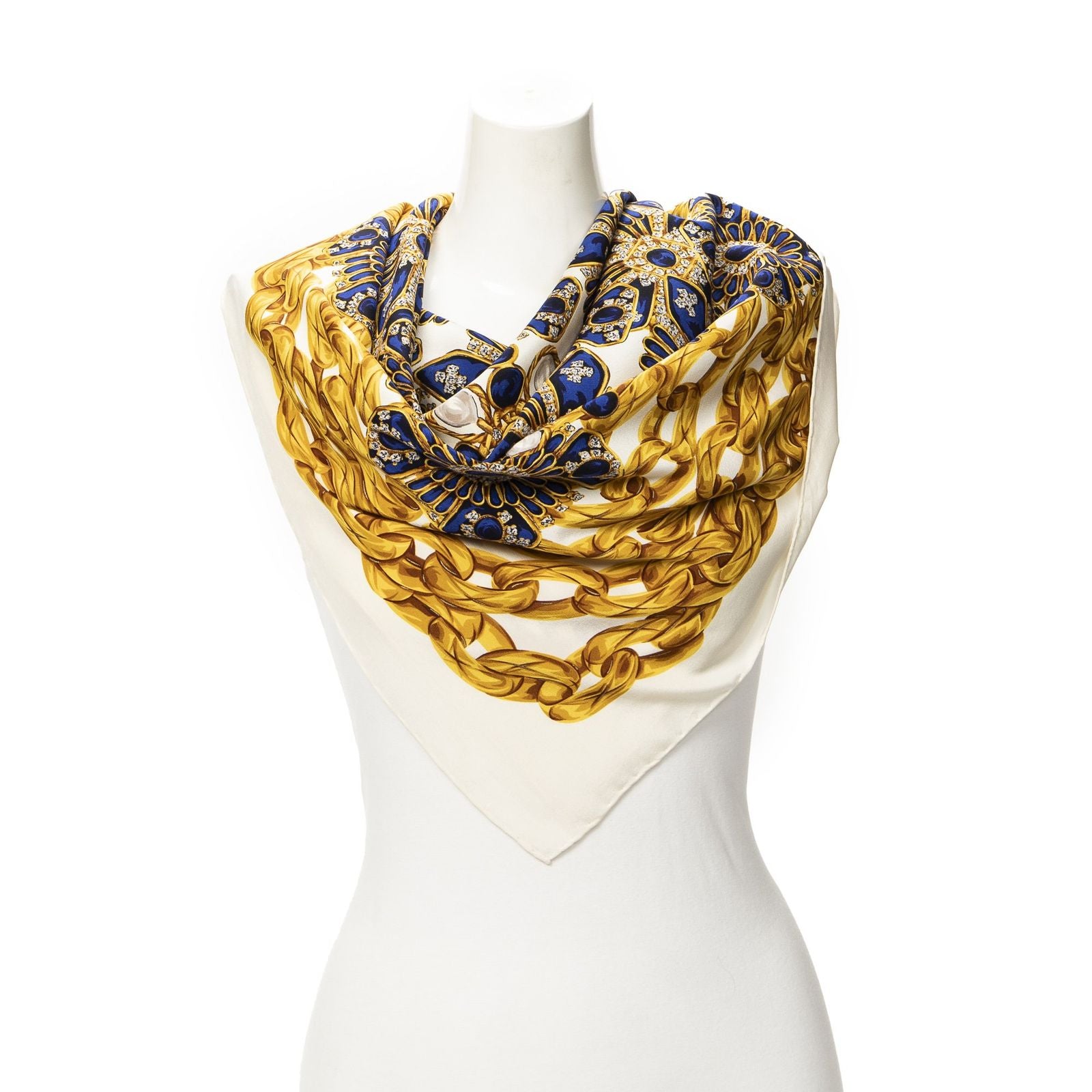 Chanel Scarf Royal Blue Gold Twill Silk