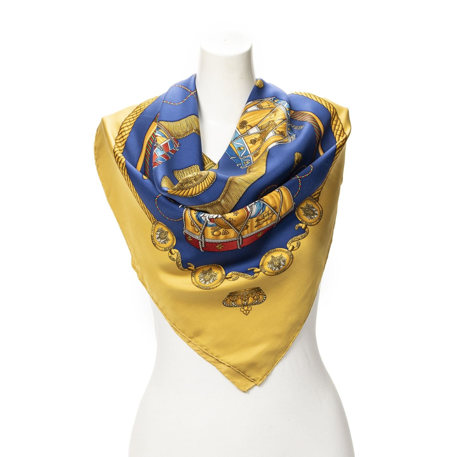 Hermes Scarf Blue Gold Silk