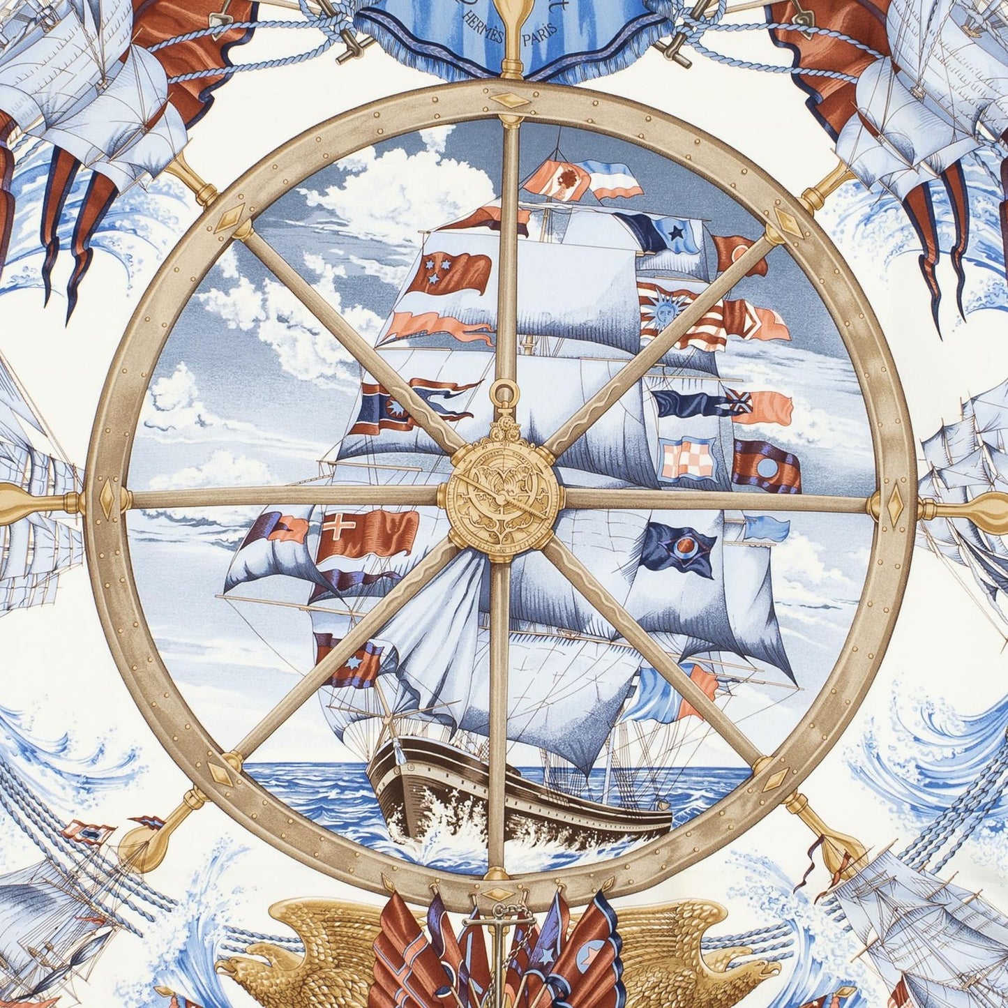 Hermes Scarf Ivory Light Blue Brown Silk — view 3