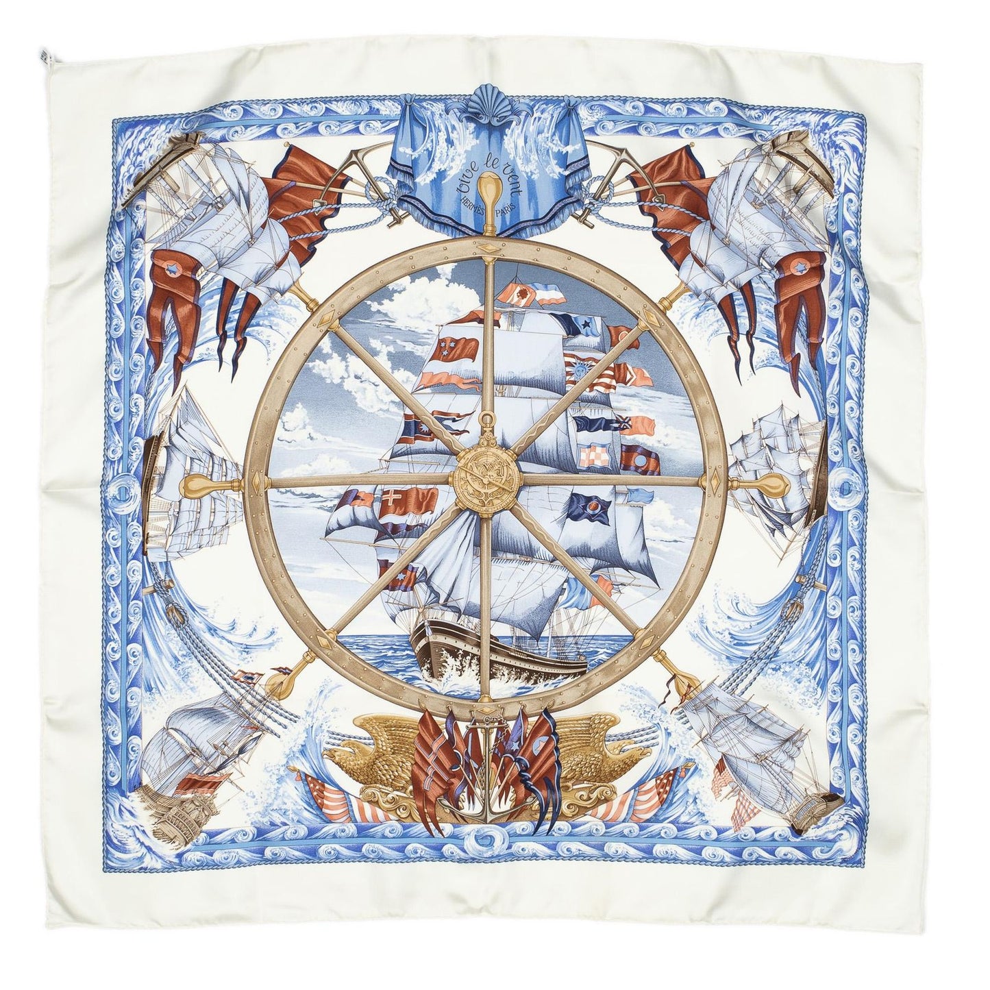 Hermes Scarf Ivory Light Blue Brown Silk — view 2