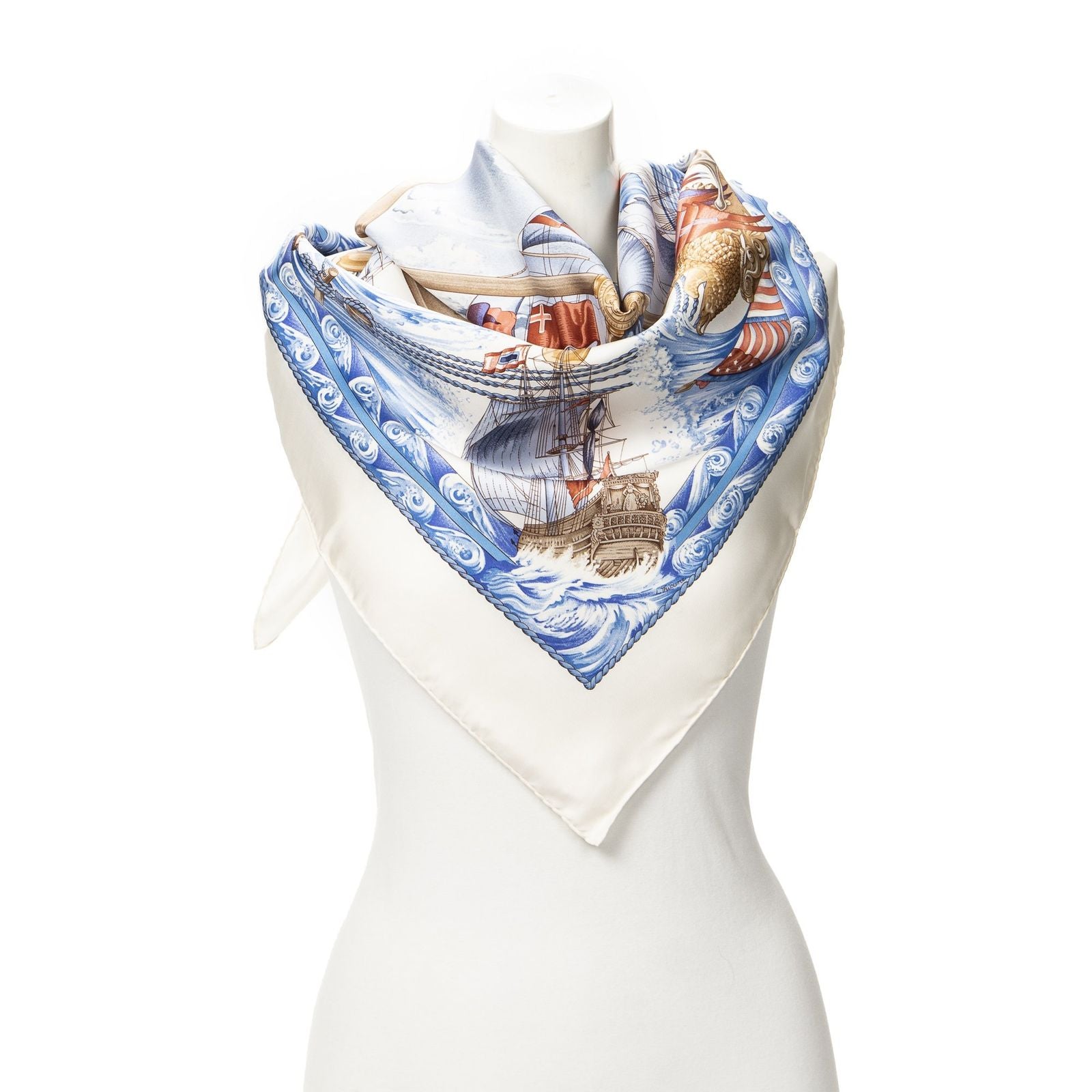 Hermes Scarf Ivory Light Blue Brown Silk