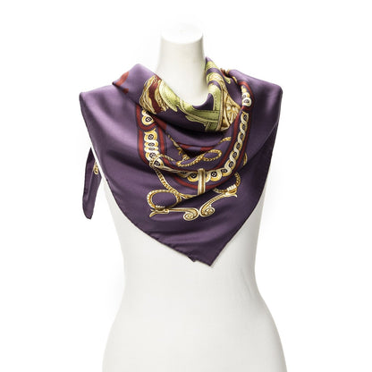 Hermes Scarf Purple Red 100% Gold Twill Silk