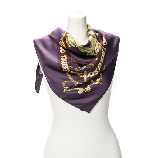 Hermes Scarf Purple Red 100% Gold Twill Silk