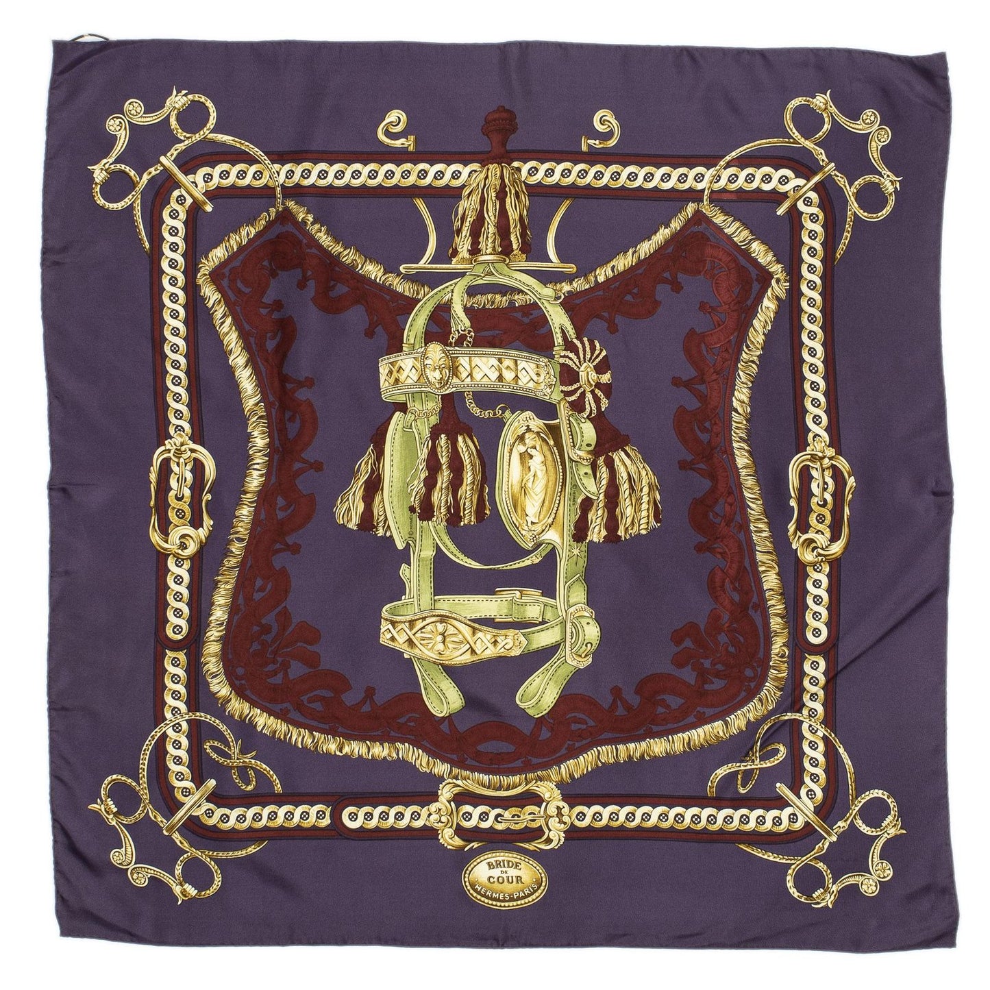 Hermes Scarf Purple Red 100% Gold Twill Silk — view 2