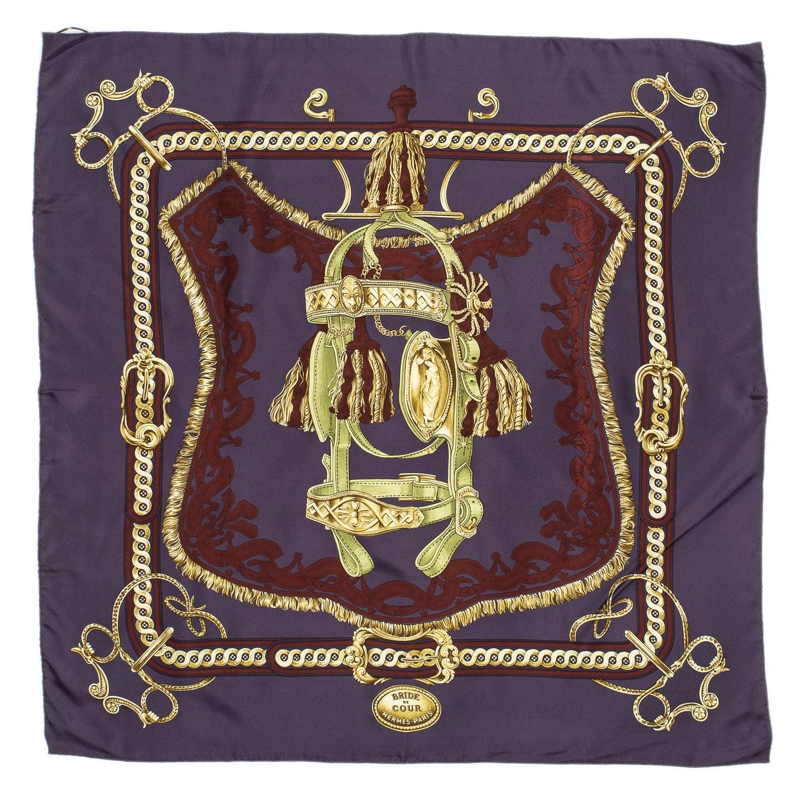 Hermes Scarf Purple Red 100% Gold Twill Silk — view 2