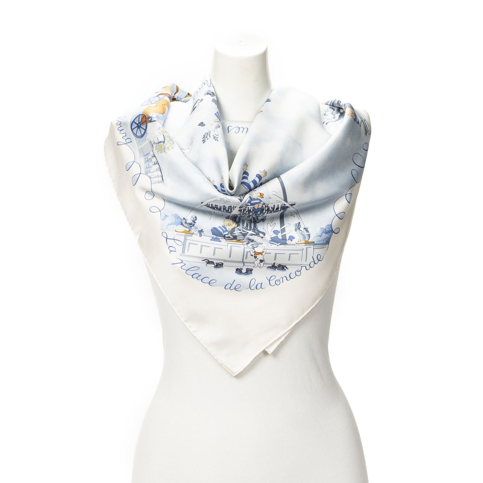 Hermes Scarf Ivory Light Blue Silk