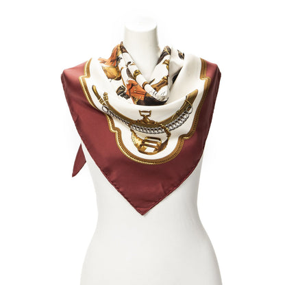 Hermes Scarf Maroon Brown 100% Gold Twill Silk