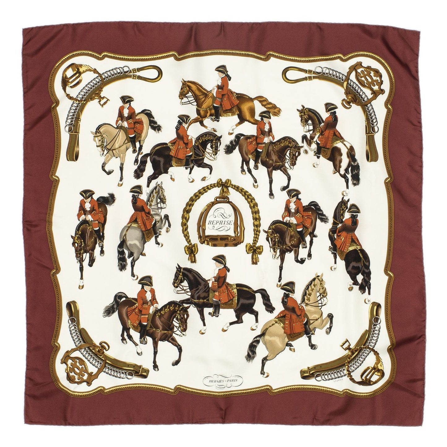 Hermes Scarf Maroon Brown 100% Gold Twill Silk — view 2
