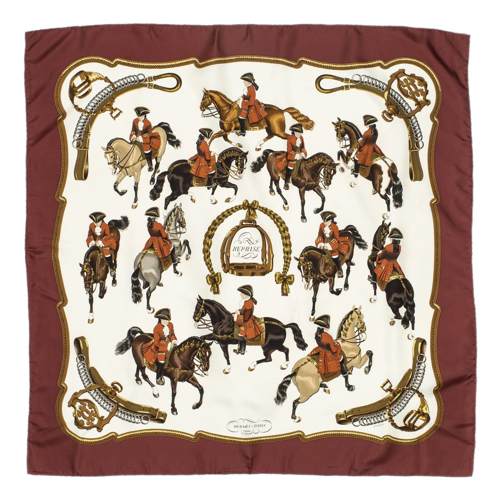 Hermes Scarf Maroon Brown 100% Gold Twill Silk — view 2