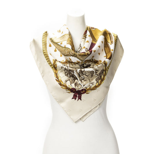Hermes Scarf Beige Red Green 100% Jacquard Silk