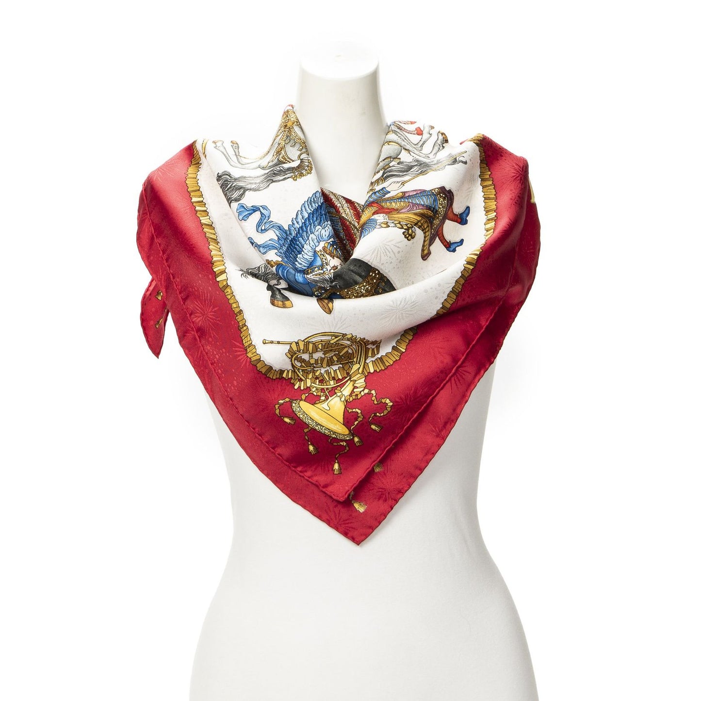 Hermes Scarf Red Ivory 100% Gold Jacquard Silk
