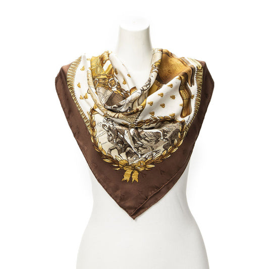 Hermes Scarf Brown Gold White 100% Jacquard Silk