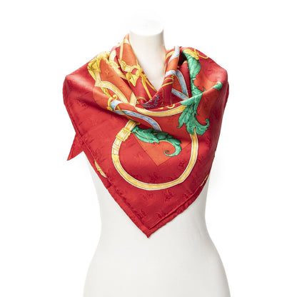 Hermes Scarf Red Yellow Green 100% Jacquard Silk
