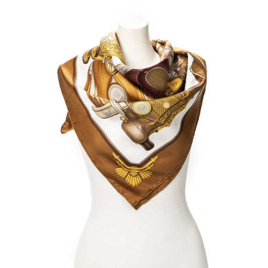 Hermes Scarf Brown Gold White Silk