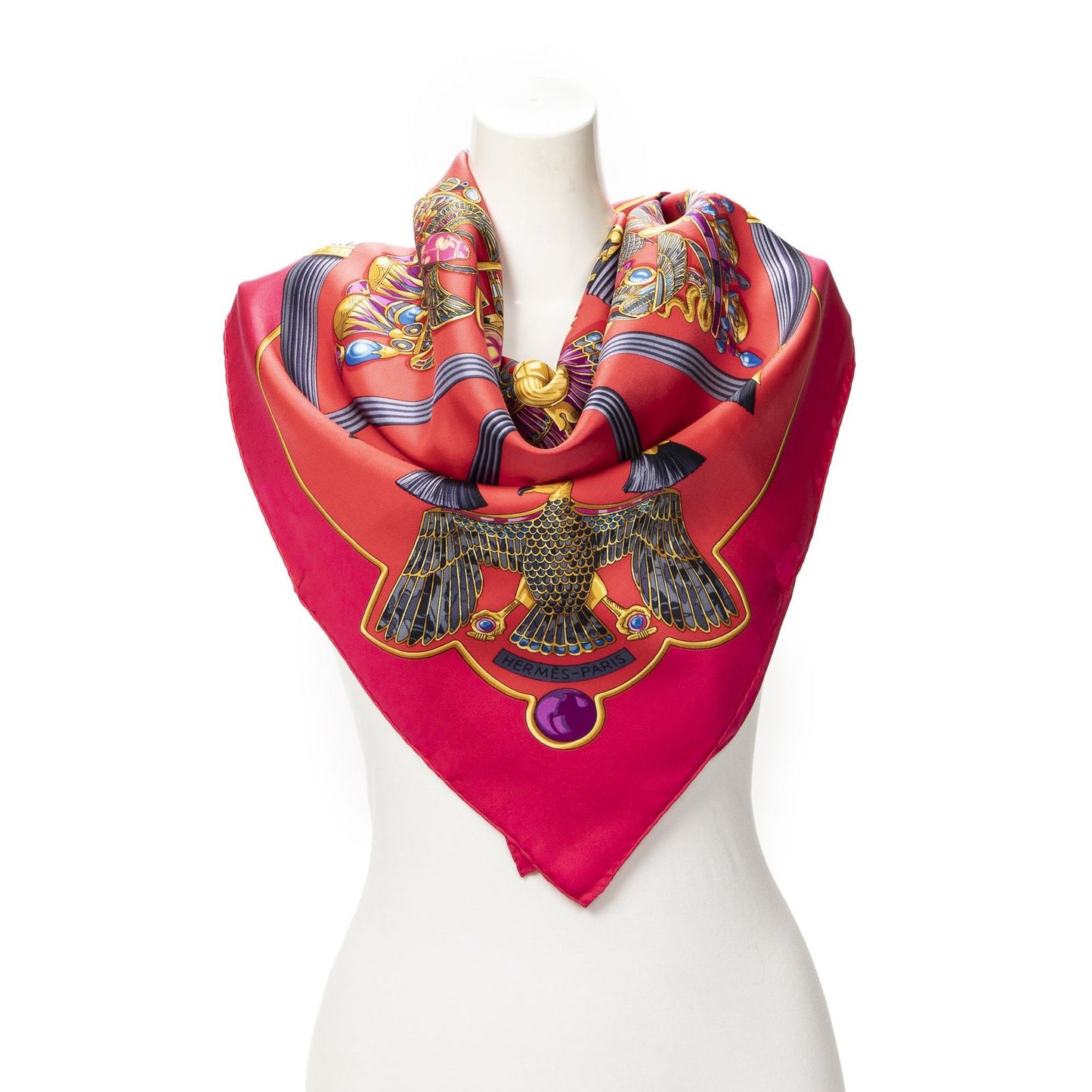 Hermes Scarf Red Gray 100% Gold Twill Silk