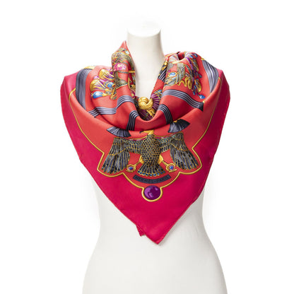 Hermes Scarf Red Gray 100% Gold Twill Silk