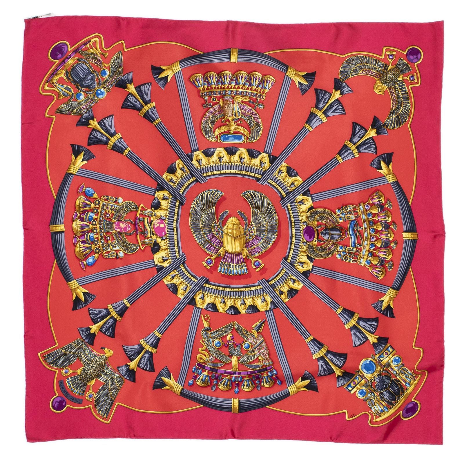 Hermes Scarf Red Gray 100% Gold Twill Silk — view 2