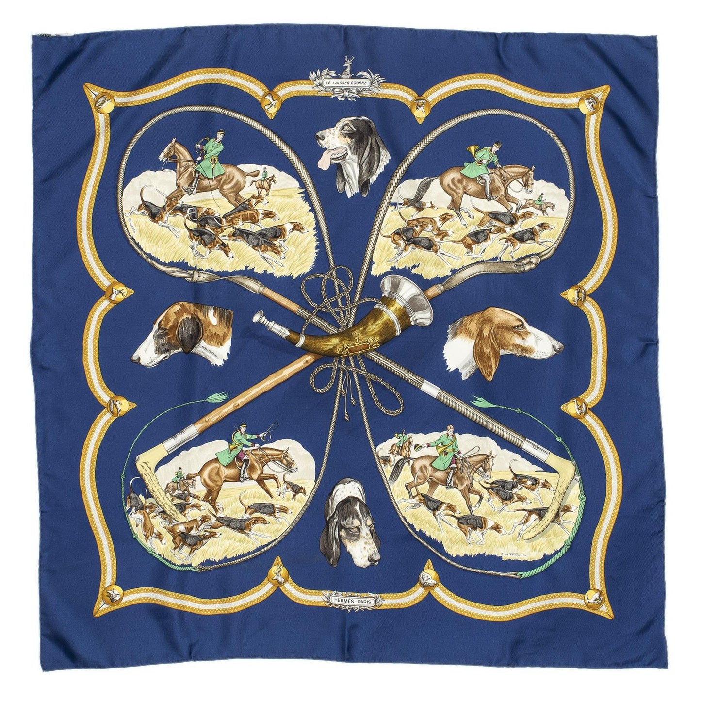 Hermes Scarf Navy Brown 100% Gold Twill Silk — view 2