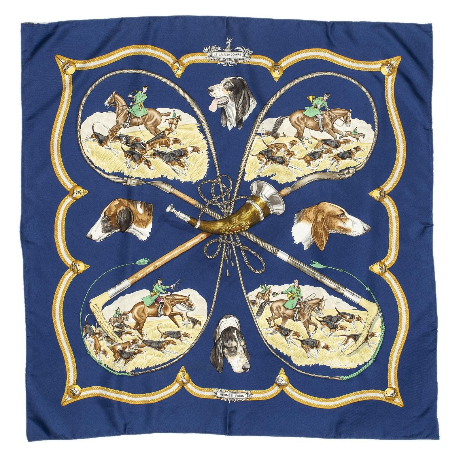 Hermes Scarf Navy Brown 100% Gold Twill Silk — view 2
