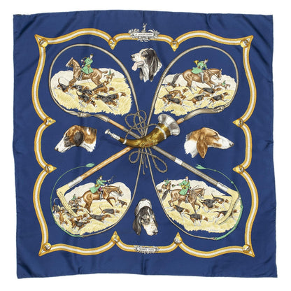 Hermes Scarf Navy Brown 100% Gold Twill Silk — view 2