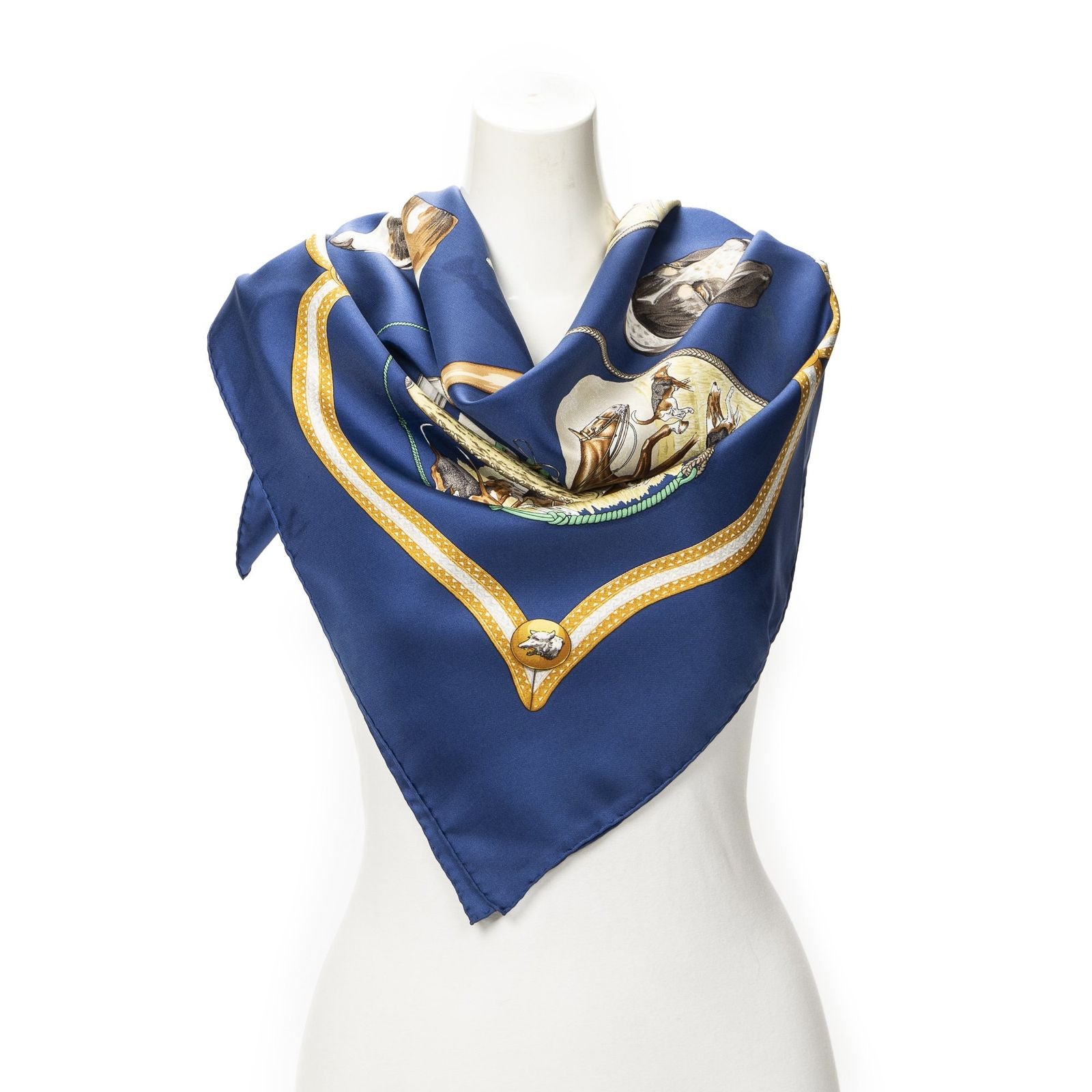 Hermes Scarf Navy Brown 100% Gold Twill Silk