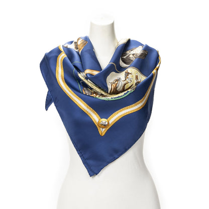 Hermes Scarf Navy Brown 100% Gold Twill Silk