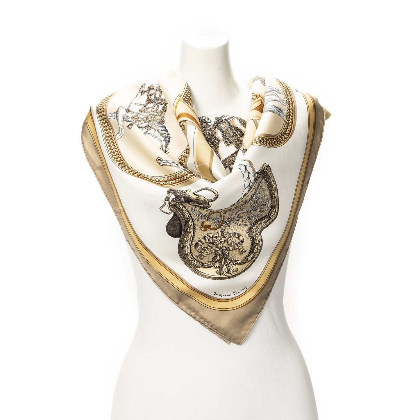 Hermes Scarf Beige Gold White Silk