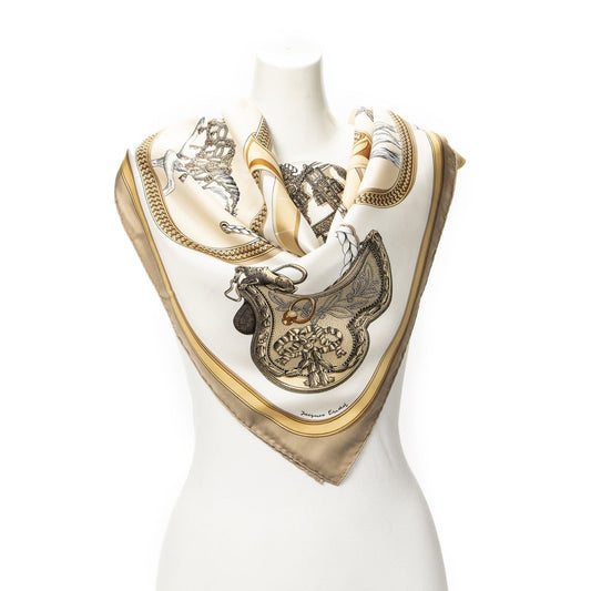 Hermes Scarf Beige Gold White Silk