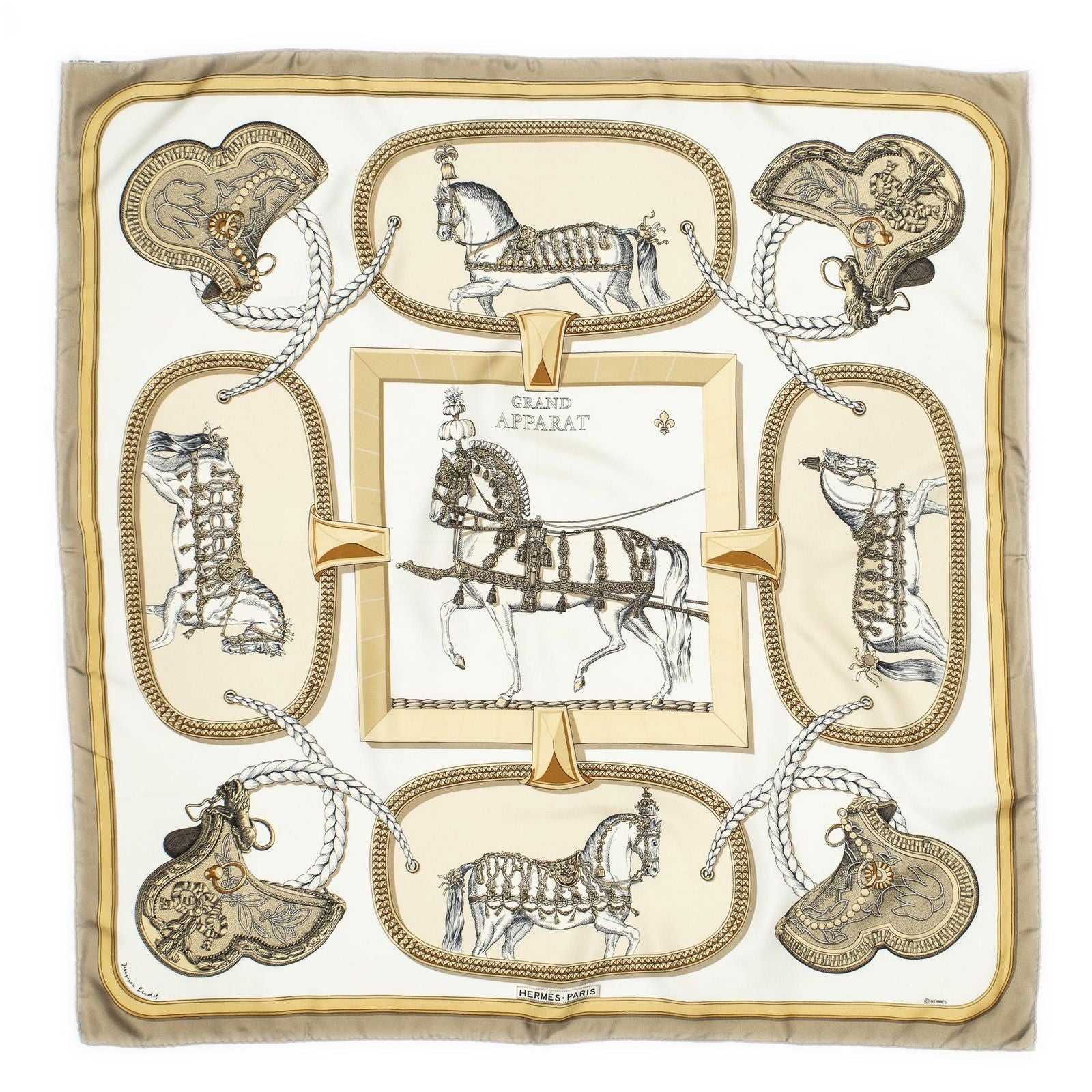Hermes Scarf Beige Gold White Silk — view 2
