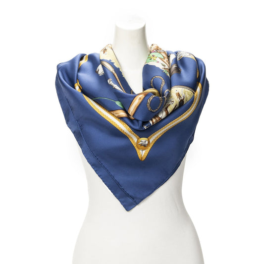 Hermes Scarf Navy Brown Yellow Silk