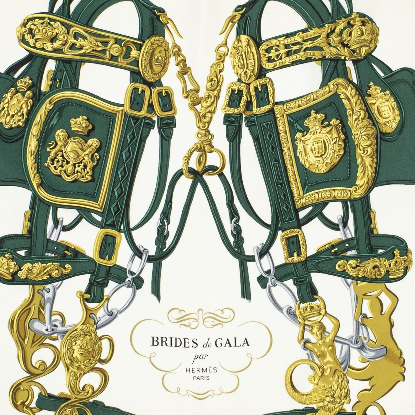 Hermes Scarf Green White 100% Gold Twill Silk — view 3