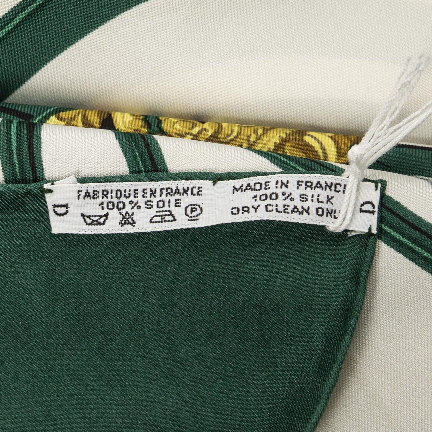 Hermes Scarf Green White 100% Gold Twill Silk — view 5