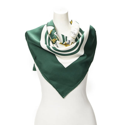Hermes Scarf Green White 100% Gold Twill Silk