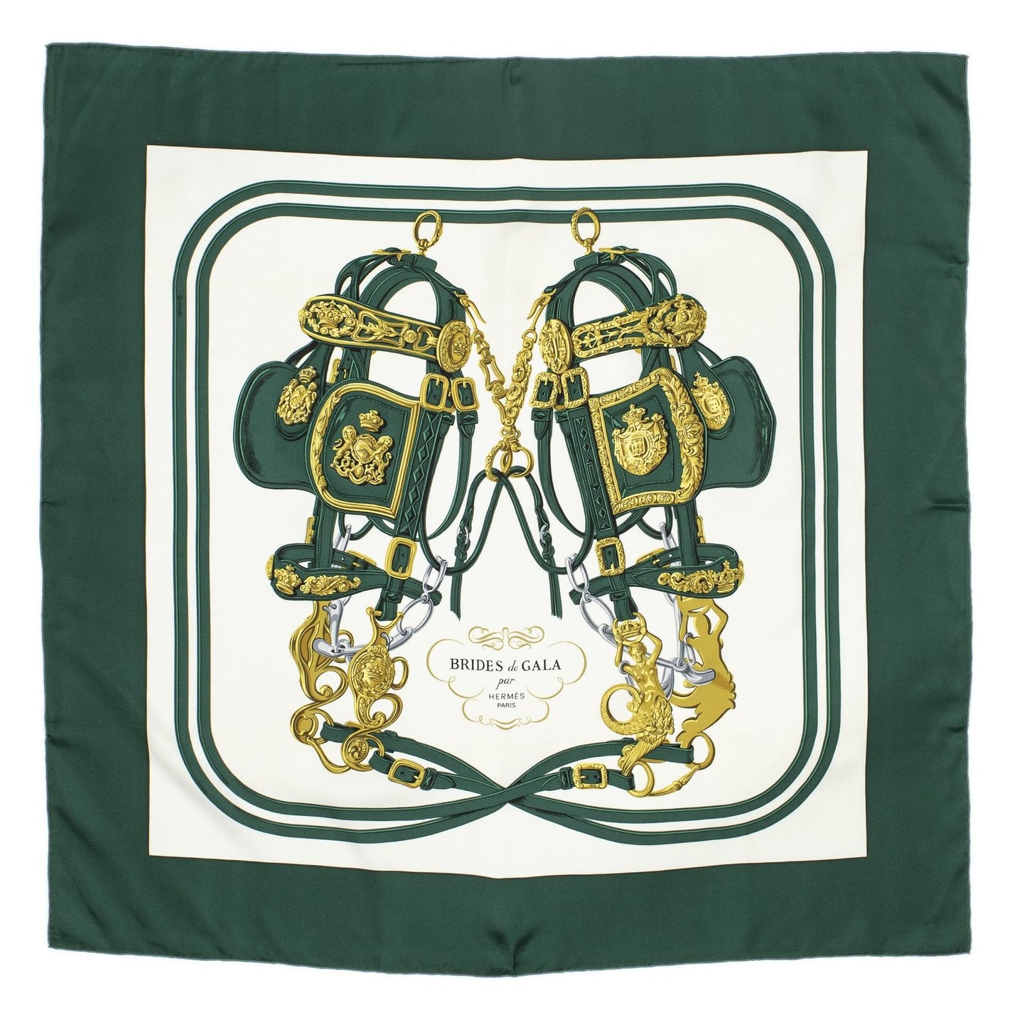 Hermes Scarf Green White 100% Gold Twill Silk — view 2