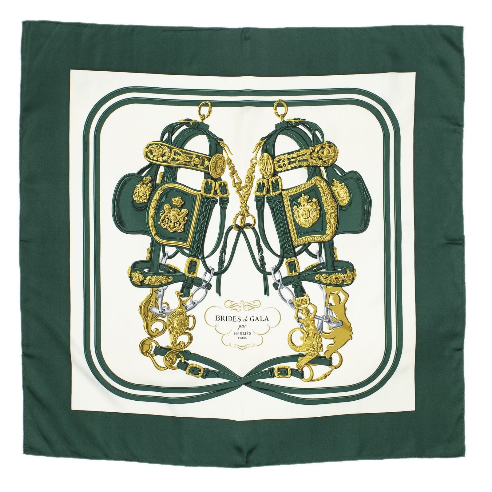 Hermes Scarf Green White 100% Gold Twill Silk — view 2