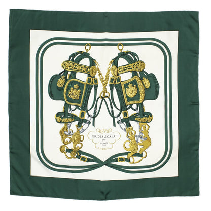 Hermes Scarf Green White 100% Gold Twill Silk — view 2