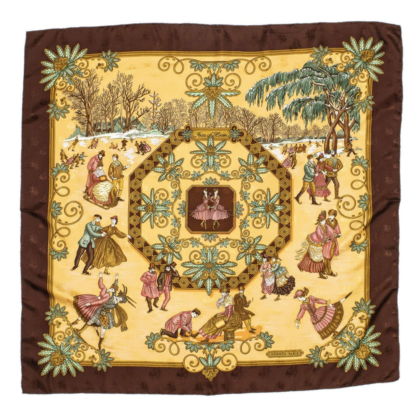 Hermes Scarf Light Orange Brown Green 100% Jacquard Silk — view 2