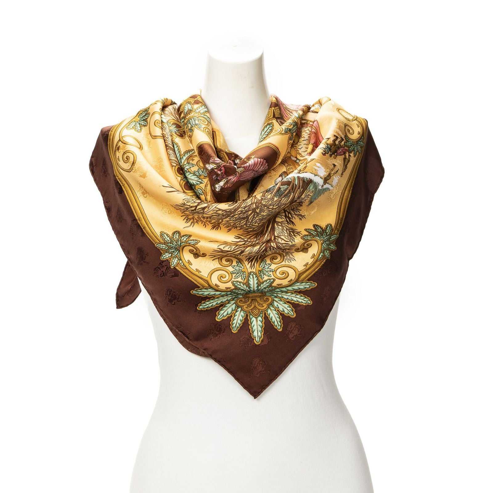 Hermes Scarf Light Orange Brown Green 100% Jacquard Silk