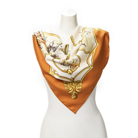 Hermes Scarf Orange Gold Ivory Silk
