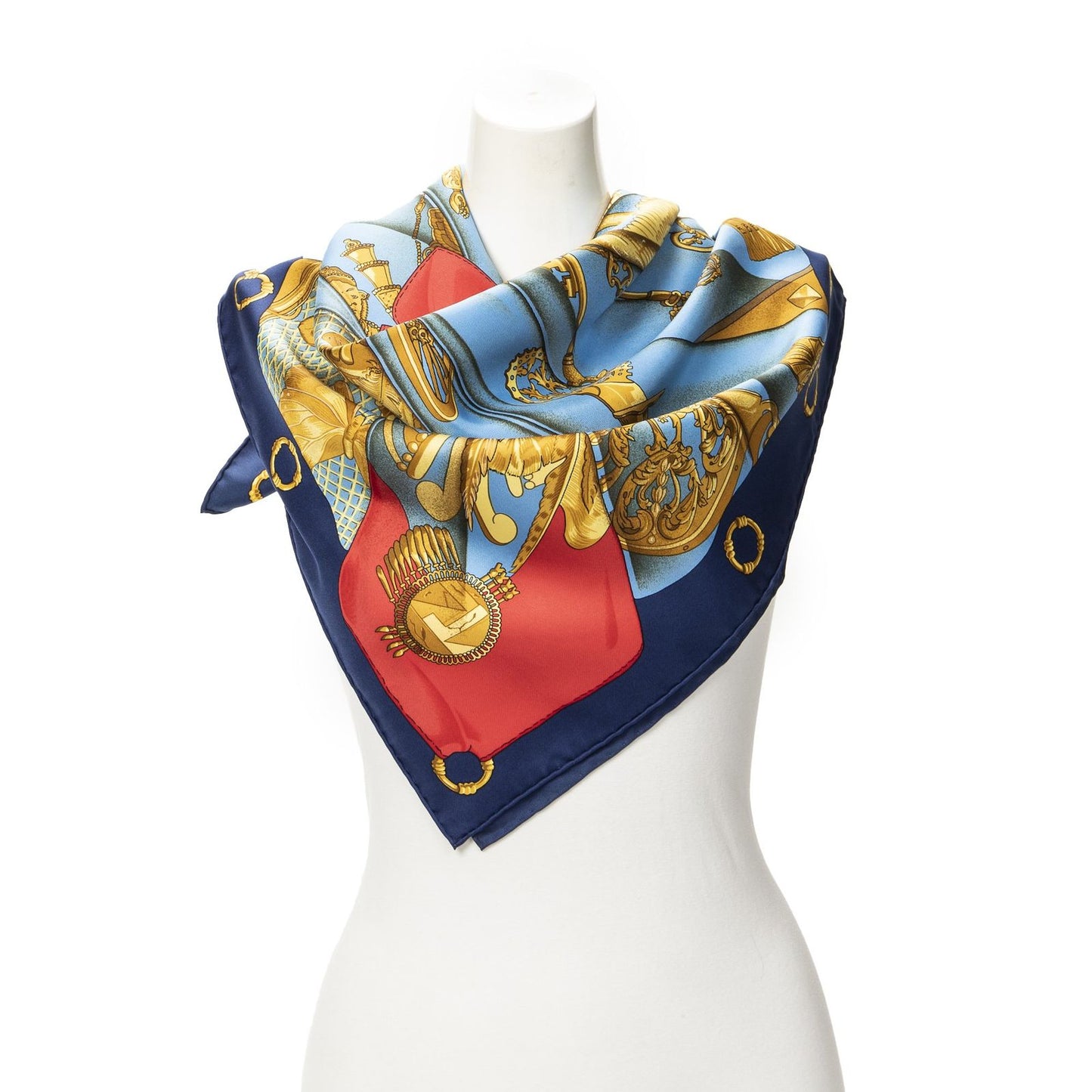 Hermes Scarf Blue Red 100% Gold Twill Silk