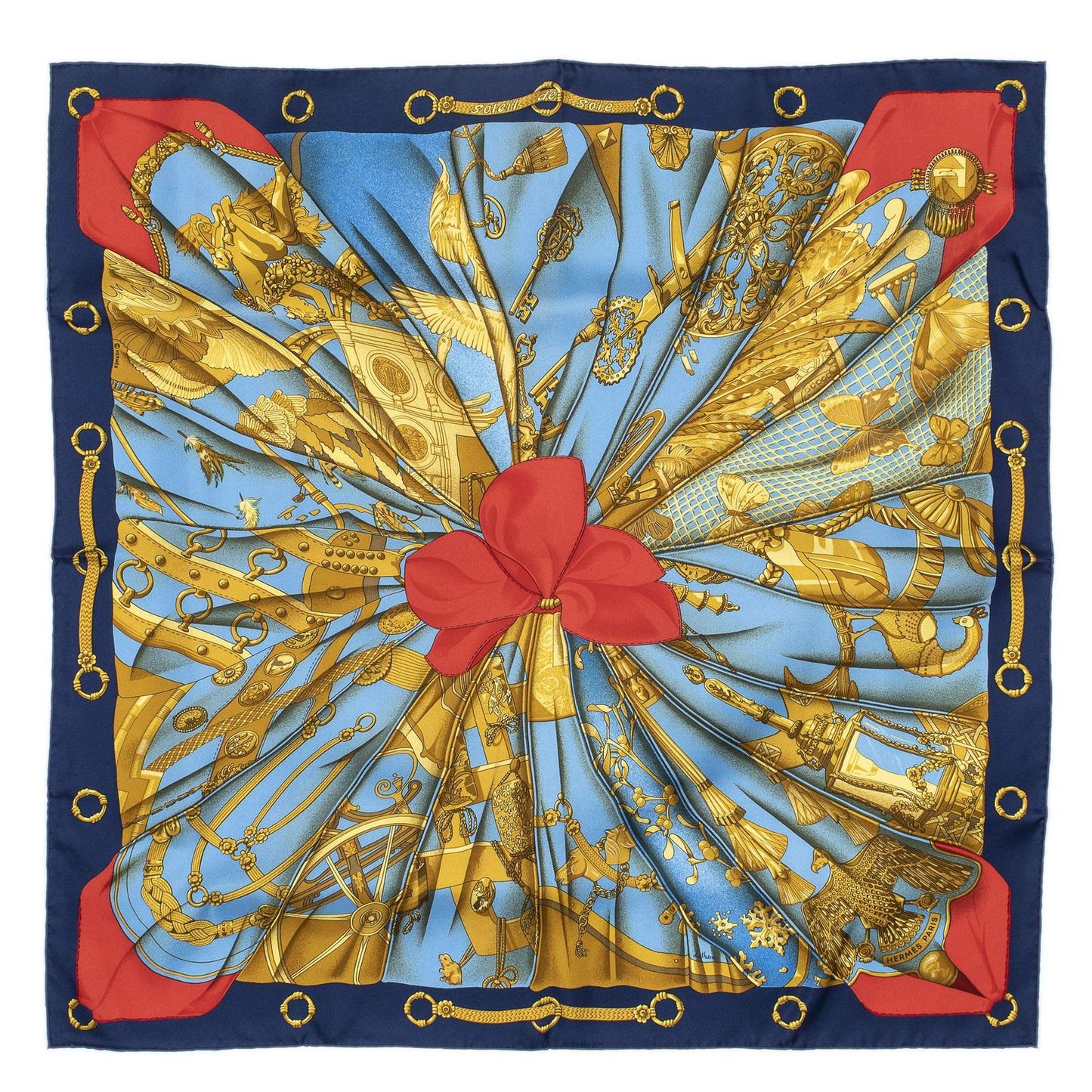 Hermes Scarf Blue Red 100% Gold Twill Silk — view 2