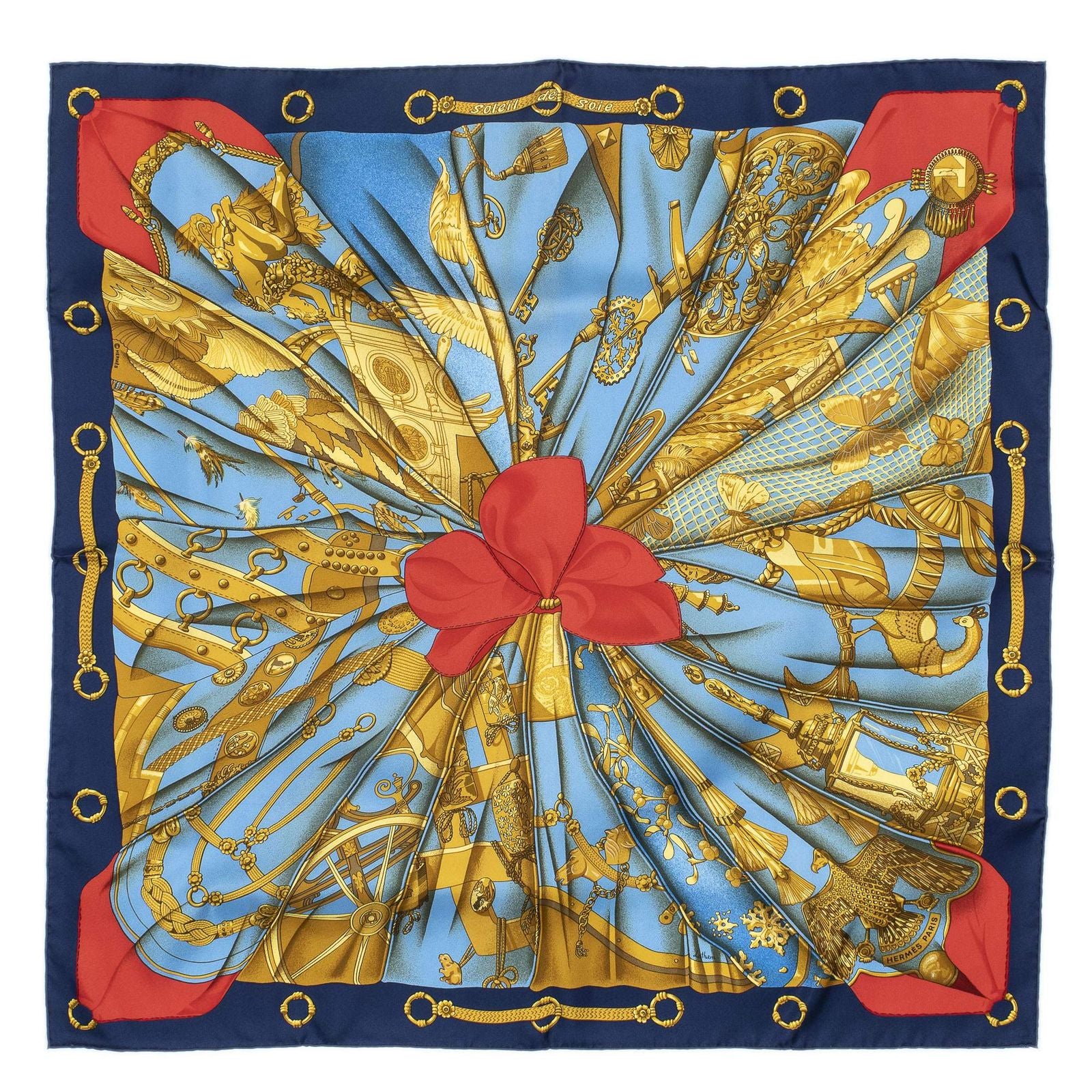 Hermes Scarf Blue Red 100% Gold Twill Silk — view 2