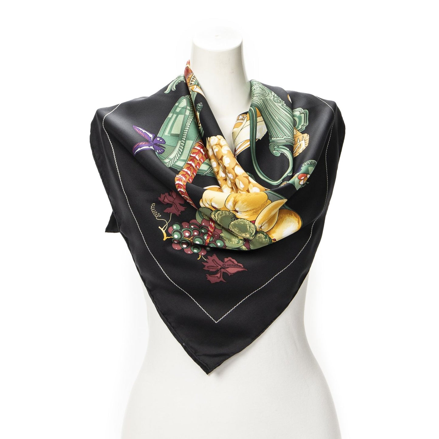 Hermes Scarf Black Green Silk