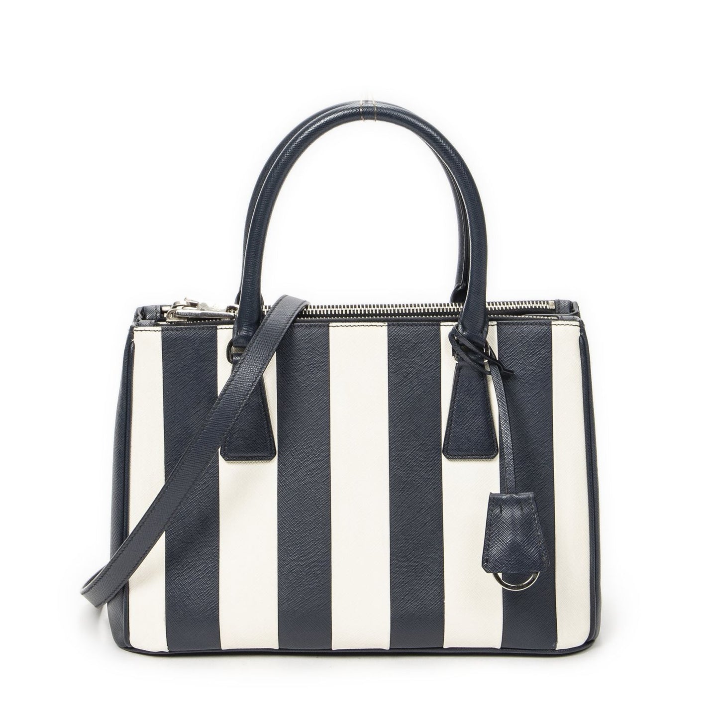 Prada Large Double Zip Galleria Tote Navy White Saffiano Leather
