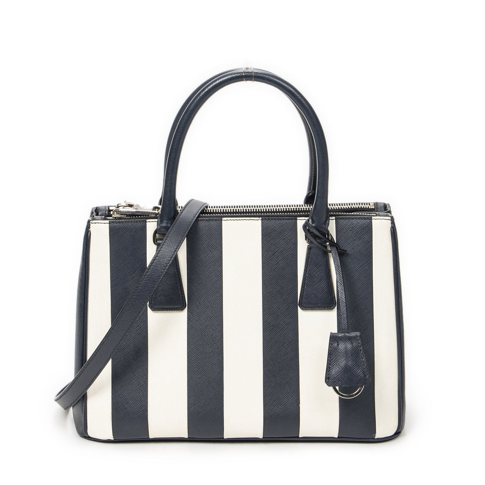 Prada Large Double Zip Galleria Tote Navy White Saffiano Leather