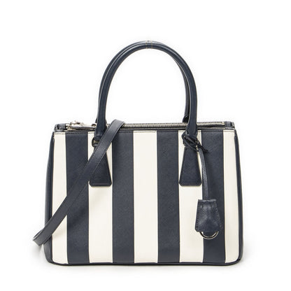 Prada Large Double Zip Galleria Tote Navy White Saffiano Leather